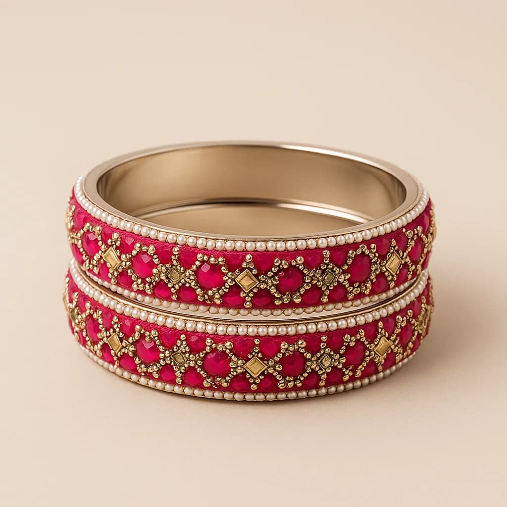 Hot Pink Brass Bangles with Pearl and Stone Work